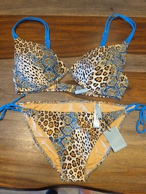 Blue & Animal Print Tie-Side Bikini